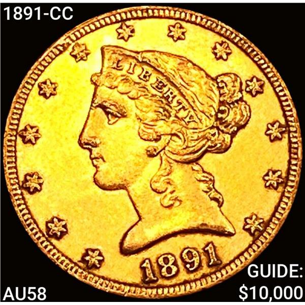 1891-CC $5 Gold Half Eagle CHOICE AU