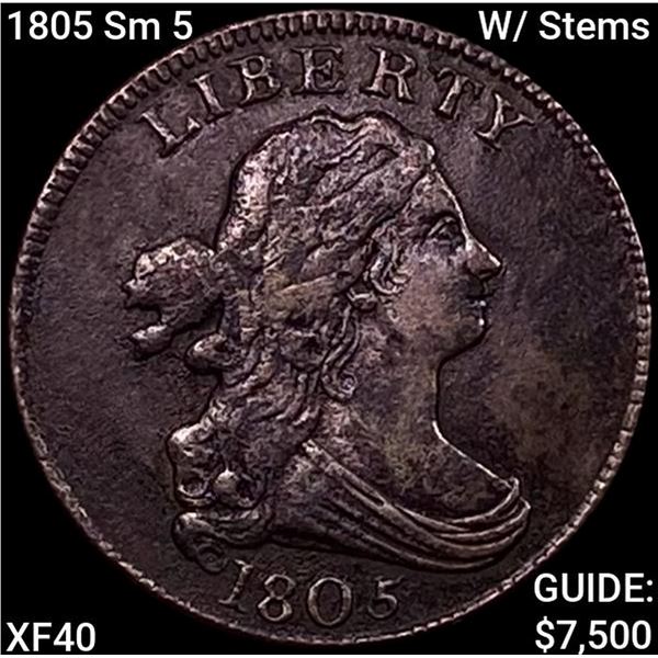 1805 Sm 5 W/ Stems Draped Bust Half Cent NEARLY UNCIRCULATED