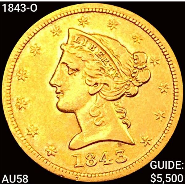 1843-O $5 Gold Half Eagle CHOICE AU