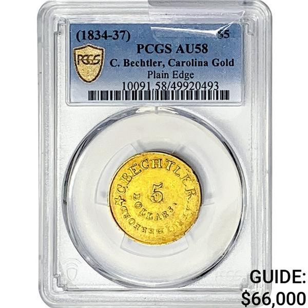 1834-37 $5 C.Bechtler Carolina G PCGS AU58 Plain Edge