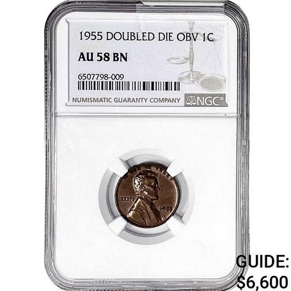1955 Wheat Cent NGC AU58 BN DBL DIE OBV