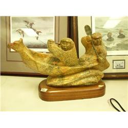 16" 2 hunters in eagle crested canoe of soapstone by Steve Byazlov (25)