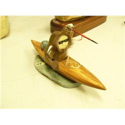 Wood kayak with soapstone hunter snow goggles and soapstone seal boat 12" long (2)