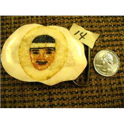Fossilized ivory belt buckle by Mendelook from Diomede, AK - scrimshawed with Eskimo face (2)