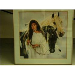 Framed and matted Maija, signed, image size 21.5"x21.5" - Woman with horses (110)