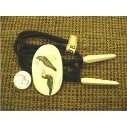 Bolo tie scrimshawed by Jay Mayac with 2 puffins and ivory drops (2)