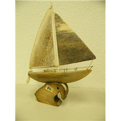 9" long 11" high whale bone sailing boat mounted on old whale bone base by Vanessa Moovy (25)