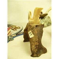 3" Ivory bird mounted on 5" fossilized walrus jaw bone by Aningayou (2)