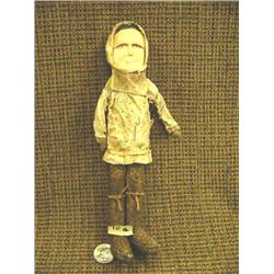 CHOICE on 2: Circa 1950 wood faced doll 9" tall salmon skin mukluk, seal skin parka with holes (2)