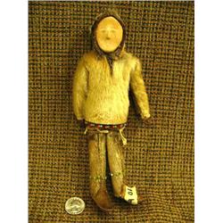 CHOICE on 2: Circa 1950 wood faced doll 9" Seal skin parka with some damage (2)