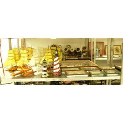 Lot of nautical decorations: Wood ships, lighthouses, framed knives, butterflies, ships and shells, 