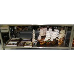 Lot of nautical decorations: Wood ships, lighthouses, framed knives, butterflies, ships and shells, 