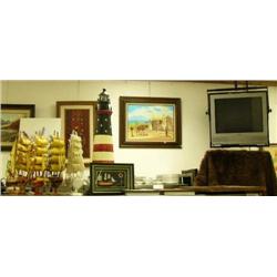 Lot of nautical decorations: Wood ships, lighthouses, framed knives, butterflies, ships and shells, 