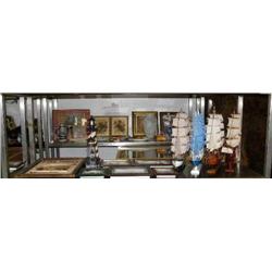 Lot of nautical decorations: Wood ships, lighthouses, framed knives, butterflies, ships and shells, 