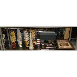 Lot of nautical decorations: Wood ships, lighthouses, framed knives, butterflies, ships and shells, 