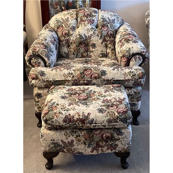 Cherry Wood Victorian Princess Fabric Floral Armchair & Stool -  Never Sat On 36 x 36D x 32T