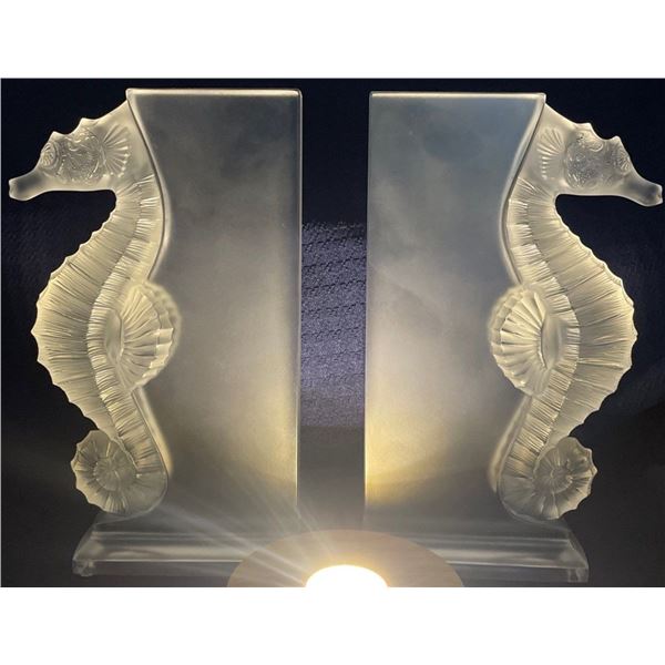 Lalique Crystal "Poseidon" Sea Horse Book Ends 9.5x6