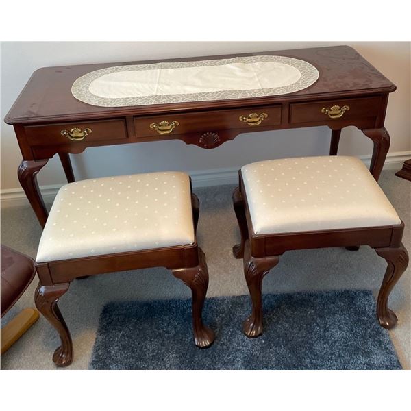 Vintage Double Wide Wood Desk w/ Pair of Stylish Upholstered Seats