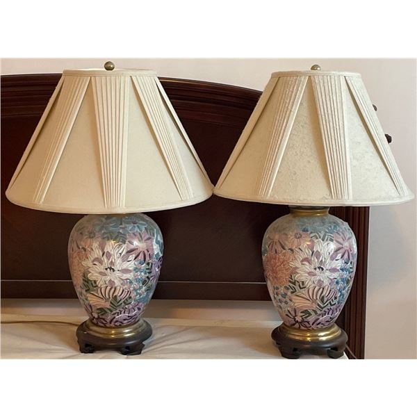 Pair of Floral Lamps Brass Accents
