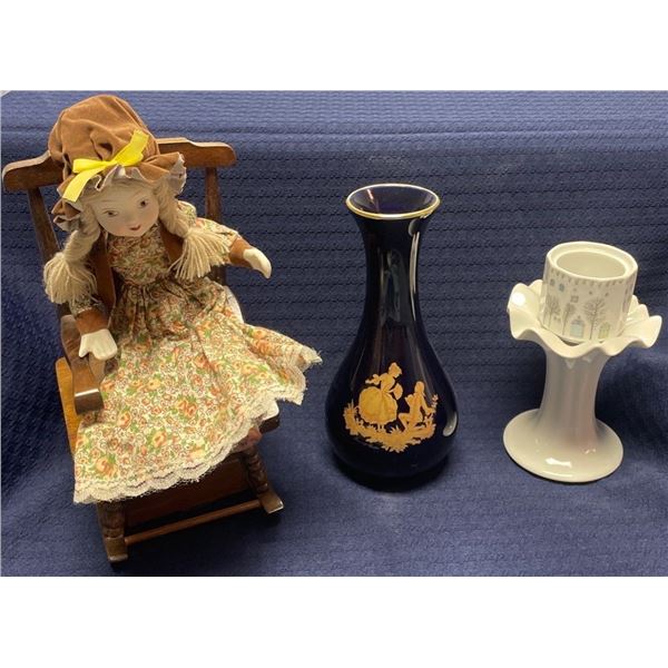 Limoges Castel Decorative Vase w/ Porcelain Doll on Wood Rocking Chair