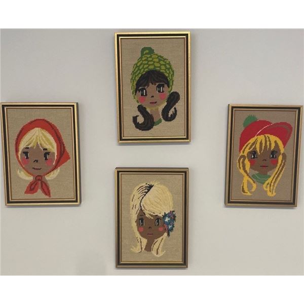 Vintage Embroidered Wall Art Set of 4 Artist Unknown 11x15