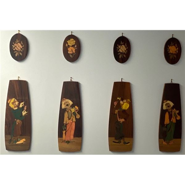 Vintage Wood Floral & Clown Wall Hangings 8 Pieces 12x21