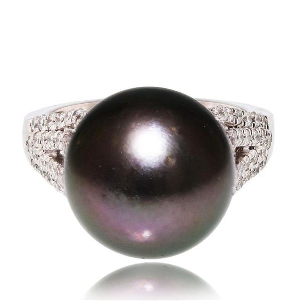 13.50mm Black-Gray South Sea Pearl and 0.65 ctw Diamond Platinum Ring
