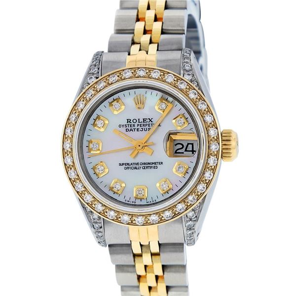 Rolex Ladies Quickset Two Tone White Diamond Lugs Datejust Wristwatch 26MM
