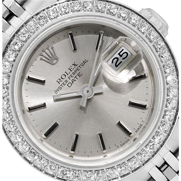 Rolex Ladies Quickset Stainless Steel Silver Index Diamond Bezel Date Watch