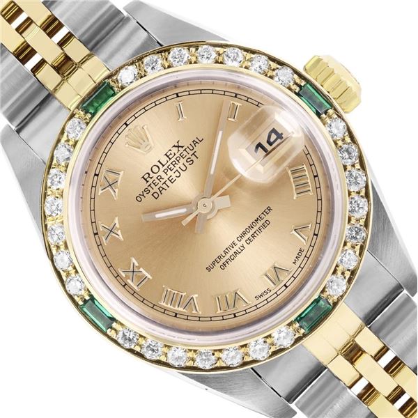 Rolex Ladies Quickset Sapphire 18K Two Tone Champagne Roman Diamond And Emerald