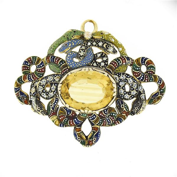 Vintage 14k Gold Oval Citrine Multi Color Enamel Serpent Snake Brooch Pendant