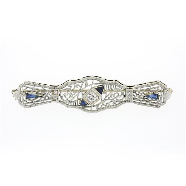Antique Art Deco 14k Gold Diamond & Sapphire Milgrain Filigree Bar Pin Brooch