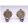 Image 1 : Pair of 18k Yellow Gold South Sea Black Pearl, Ruby & Byzantine Coin Earrings