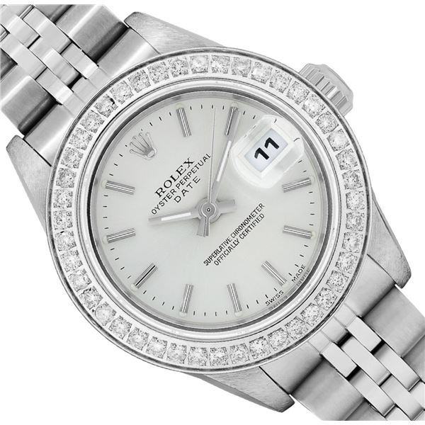 Rolex Ladies Quickset Sapphire Stainless Steel Silver Dial Diamond Bezel Date Wa