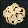 Image 2 : Vintage Carved Angel Skin Coral Rose Bouquet 14K Gold Textured Leaf Halo Brooch