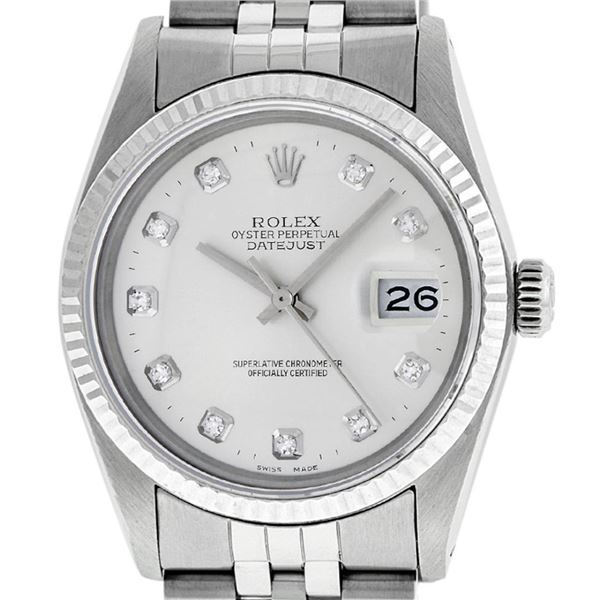Rolex Mens Stainless Steel Silver Diamond Dial 36MM Datejust Wristwatch