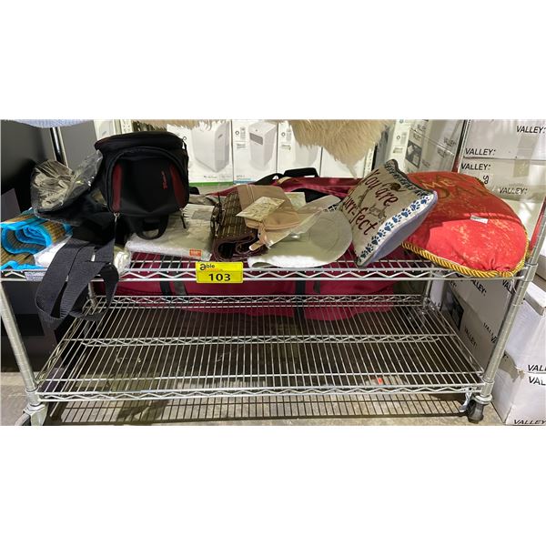 SHELF LOT OF ASSORTED GOODS, INCLUDING PILLOWS, CAMERA BAG, SUNGLASSES, MATTRESS SHEETS, & MORE