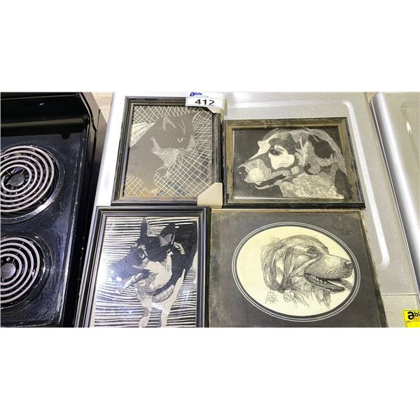3 ASSORTED FRAMED PEN/PENCIL ARTWORK OF CAT & DOGS