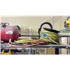 Image 2 : SHELF OF ASSORTED TOOLS INCLUDING; AIR HOSE ON REEL WITH SPRAYER, AIR COMPRESSOR, BIT ORGANIZERS &