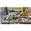 Image 2 : SHELF OF ASSORTED TOOLS INCLUDING; SQUARE, PIPE CUTTERS, AIR COMPRESSOR & MORE