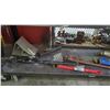 Image 2 : SHELF OF ASSORTED TOOLS INCLUDING; PIPE WRENCHES, WHEEL CHOCK, SCREWDRIVERS & MORE
