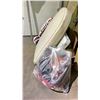 Image 2 : SOFA CUSHION, BAG OF ASSORTED BAGS, FOLDING TABLE & SINGLE HOCKEY GOALIE PAD