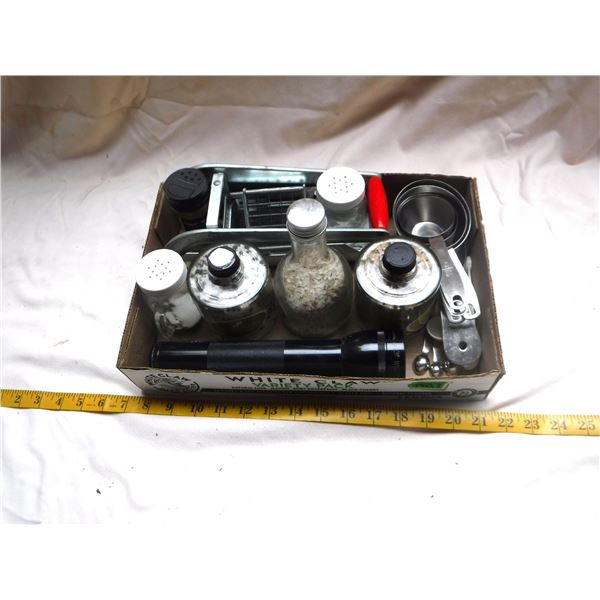 Flat Kitchen Items - Including French Fry Cutter, Measuring Cups & Spoons Flashlight & Flavoured Sal