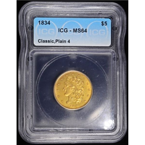 1834 $5 GOLD CLASSIC HEAD, PLAIN 4 ICG MS64