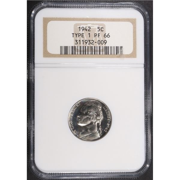 1942 T-1 JEFFERSON NICKEL NGC PF-66