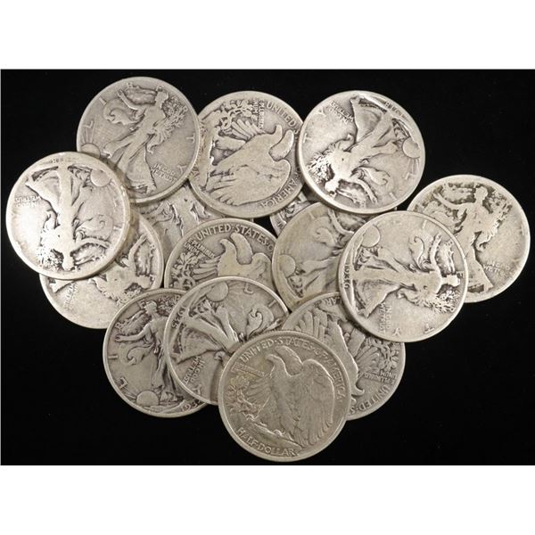 (15) MIXED DATES WALKING LIBERTY HALF DOLLARS