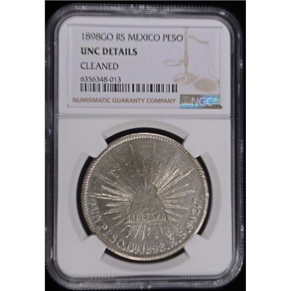 1898GO SILVER RS MEXICO PESO NGC UNC DETAILS