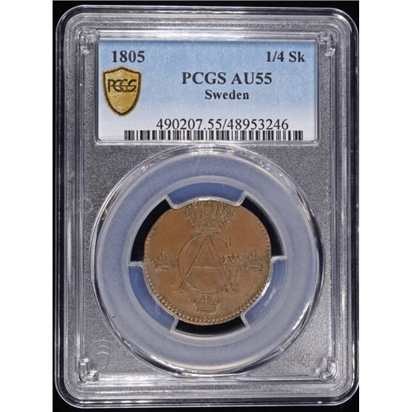 1805 SWEDEN 1/4 SKILLING PCGS AU55