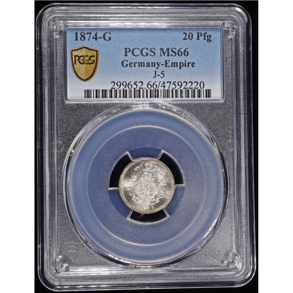 1874-G SILVER GERMANY-EMPIRE 20 PFG PCGS MS66 J-5