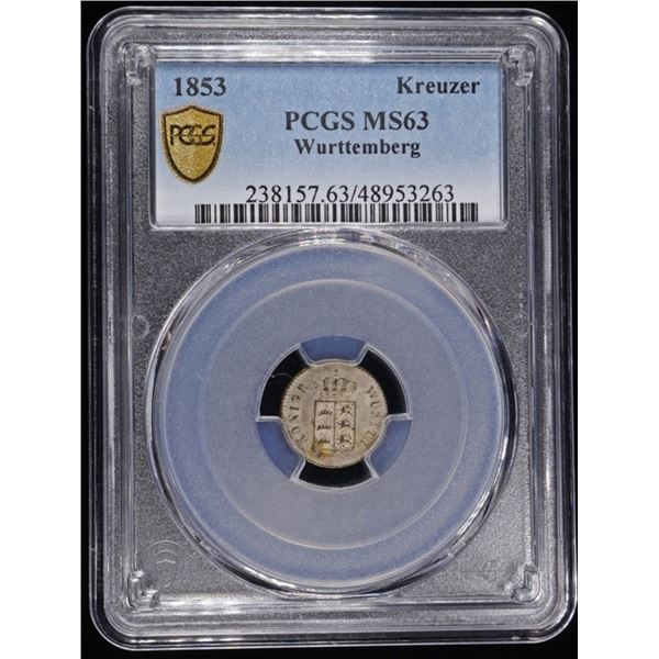1853 SILVER WURTTEMBERG KREUZER PCGS MS63